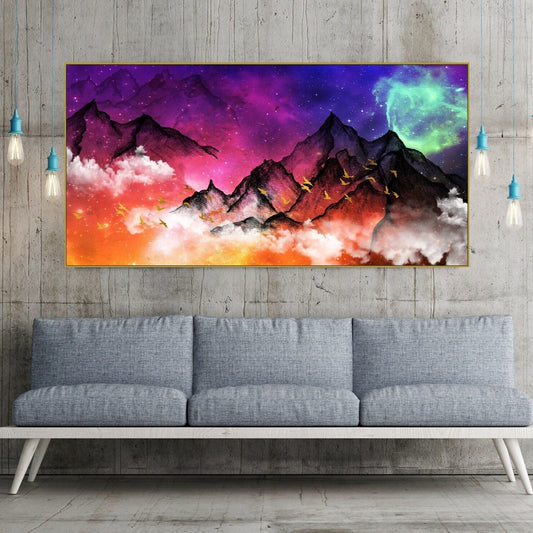 Large colorful fantasy floating frame wall art, smoky mountains canvas print, multicolored printable framed living room hanging wall decor