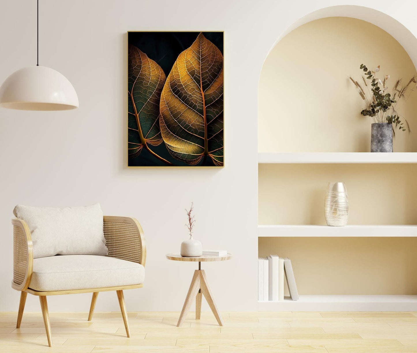 Extra large botanical wall art, printable leaves artwork in floating frame, golden leaf canvas print, dark framed wall art for living room