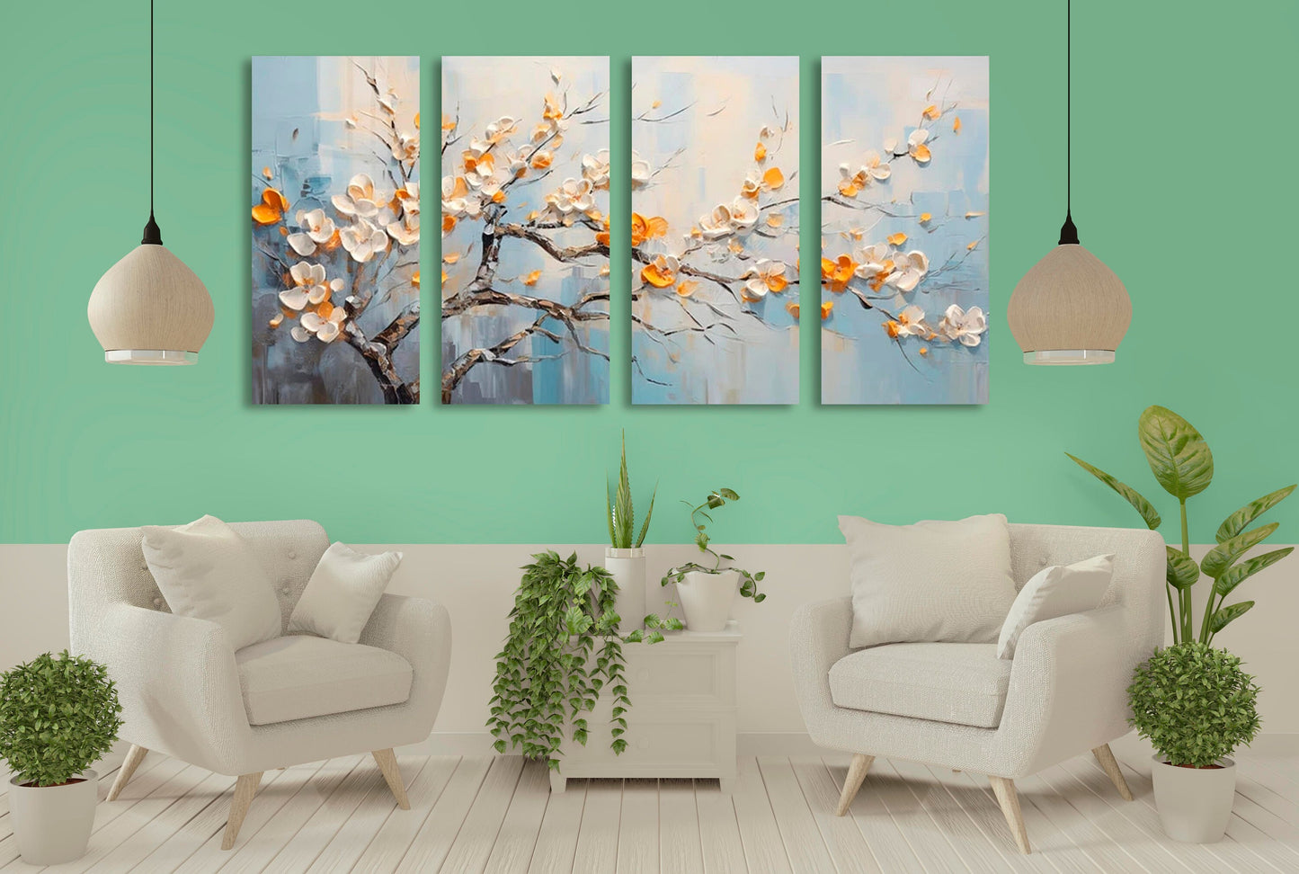 Cherry blossom wall art set, Japanese oil painting hanging canvas print, multi panel asian artwork, sacura painting, bonsai wall art