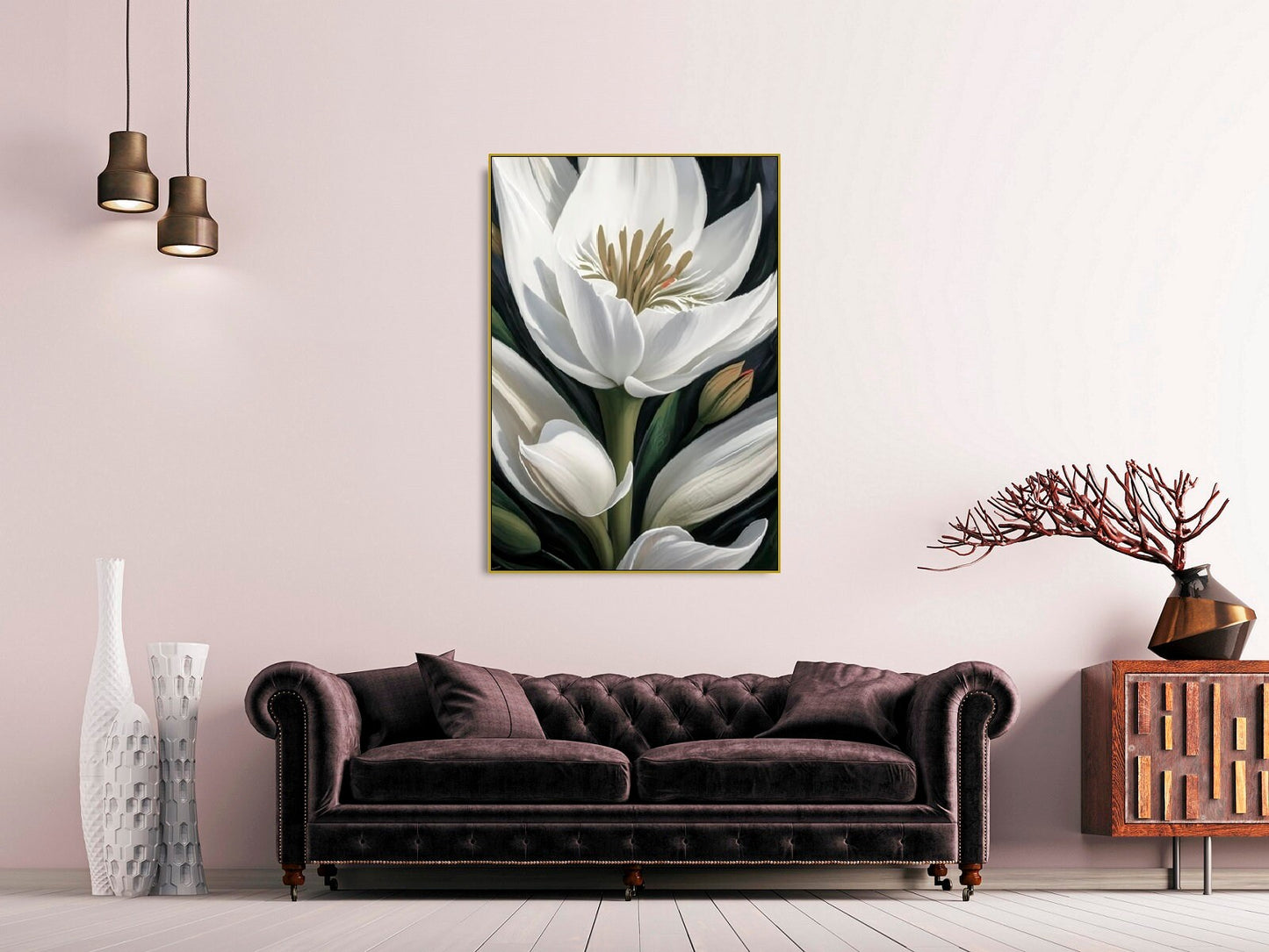 Large flower wall art, printable white flowers floating frame canvas artwork, botanical hanging wall decor, green white floral wall art