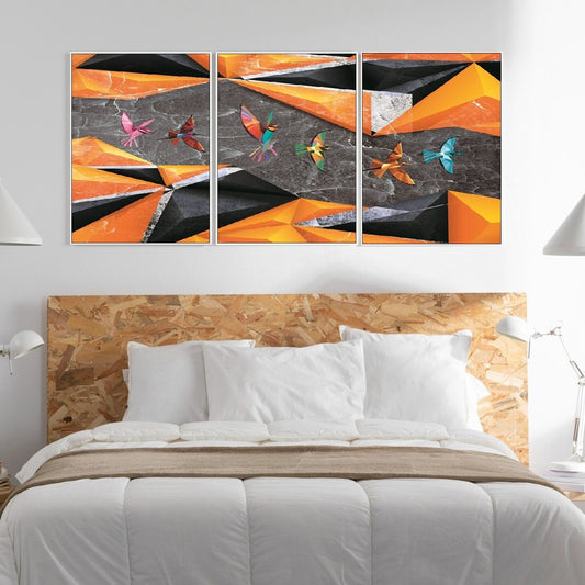 Set of three large framed canvas artwork, abstract birds floater frame wall art, printable black orange hanging wall decor for bedroom