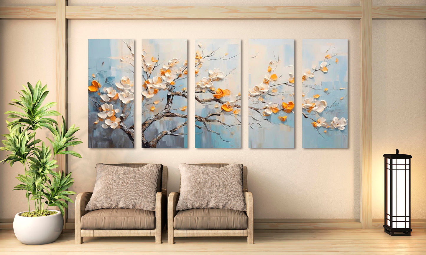 Cherry blossom wall art set, Japanese oil painting hanging canvas print, multi panel asian artwork, sacura painting, bonsai wall art