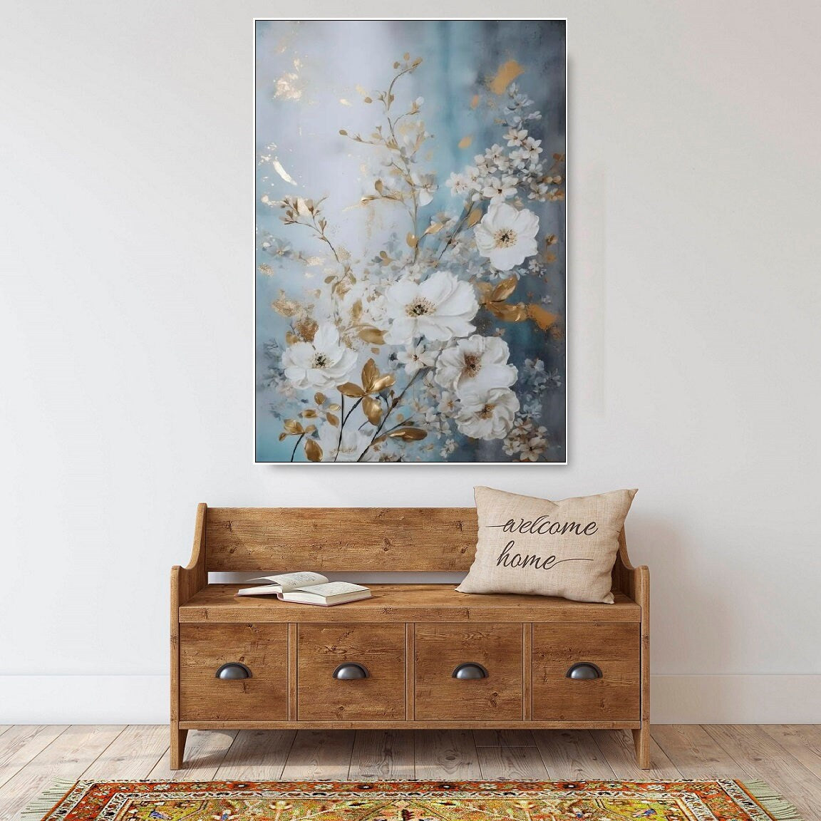 Large floral watercolor wall art, wildflowers artwork in floating frame, white flowers canvas print, blue white bedroom framed wall art