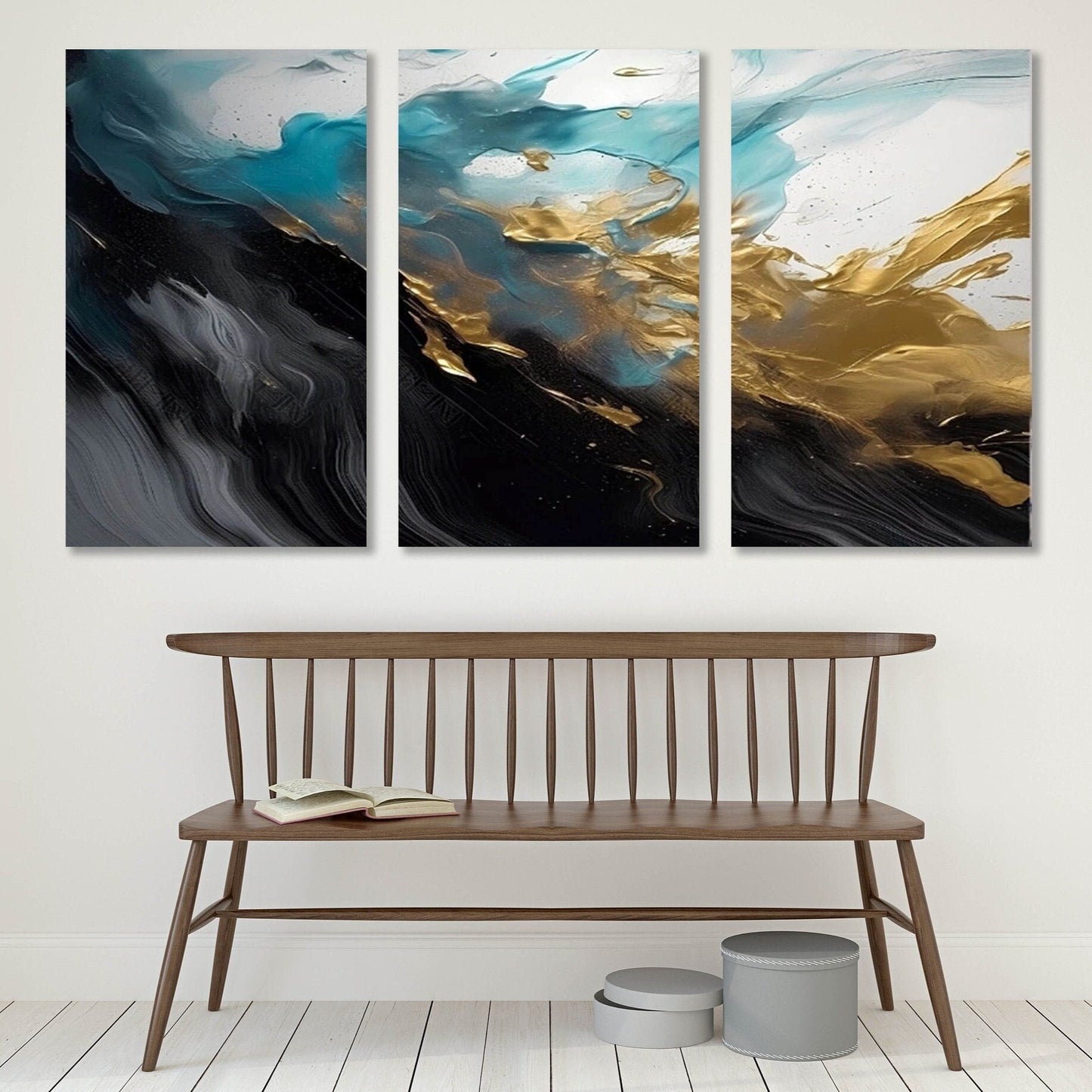 Abstract multi piece wall art, black gold canvas print, large printable artwork, three panel canvas print, conceptual bedroom wall art