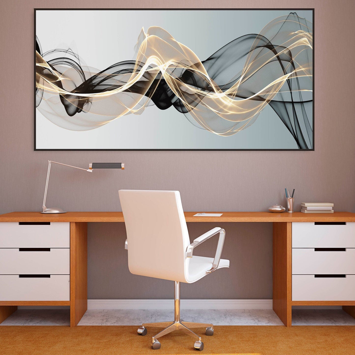 Abstract wave printable wall art, trendy black and gold framed horizontal painting, extra large floating frame wall artwork with gold wave