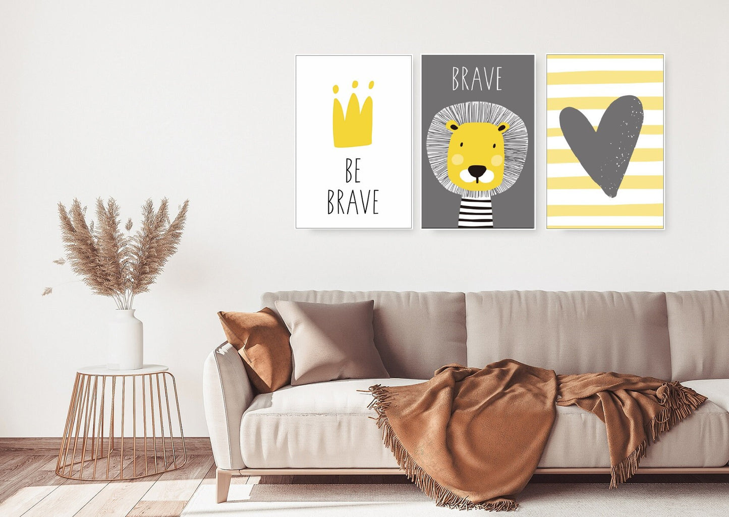 Large nursery wall art, grey yellow kids canvas print, set of three children artworks, floater frame bedroom wall art, inspirational artwork