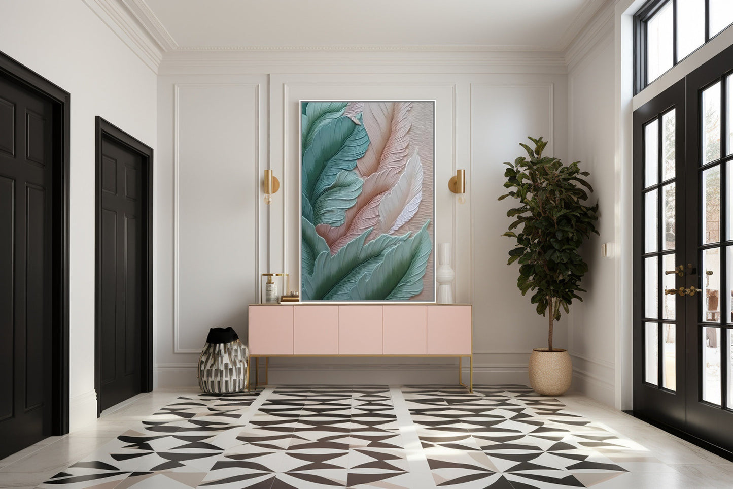 Botanical 3d wall art, large leaves canvas print, green pink floater frame artwork, abstract living room wall art, volumetric gift artwork