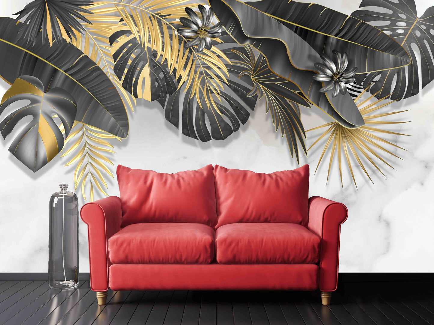 Tropical wallpaper peel and stick wall mural, monstera leaf wallpaper, leaf wallpaper modern vinyl wallpaper green marble wallpaper