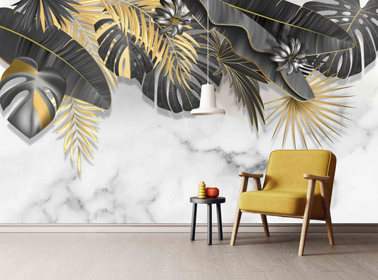 Tropical wallpaper peel and stick wall mural, monstera leaf wallpaper, leaf wallpaper modern vinyl wallpaper green marble wallpaper