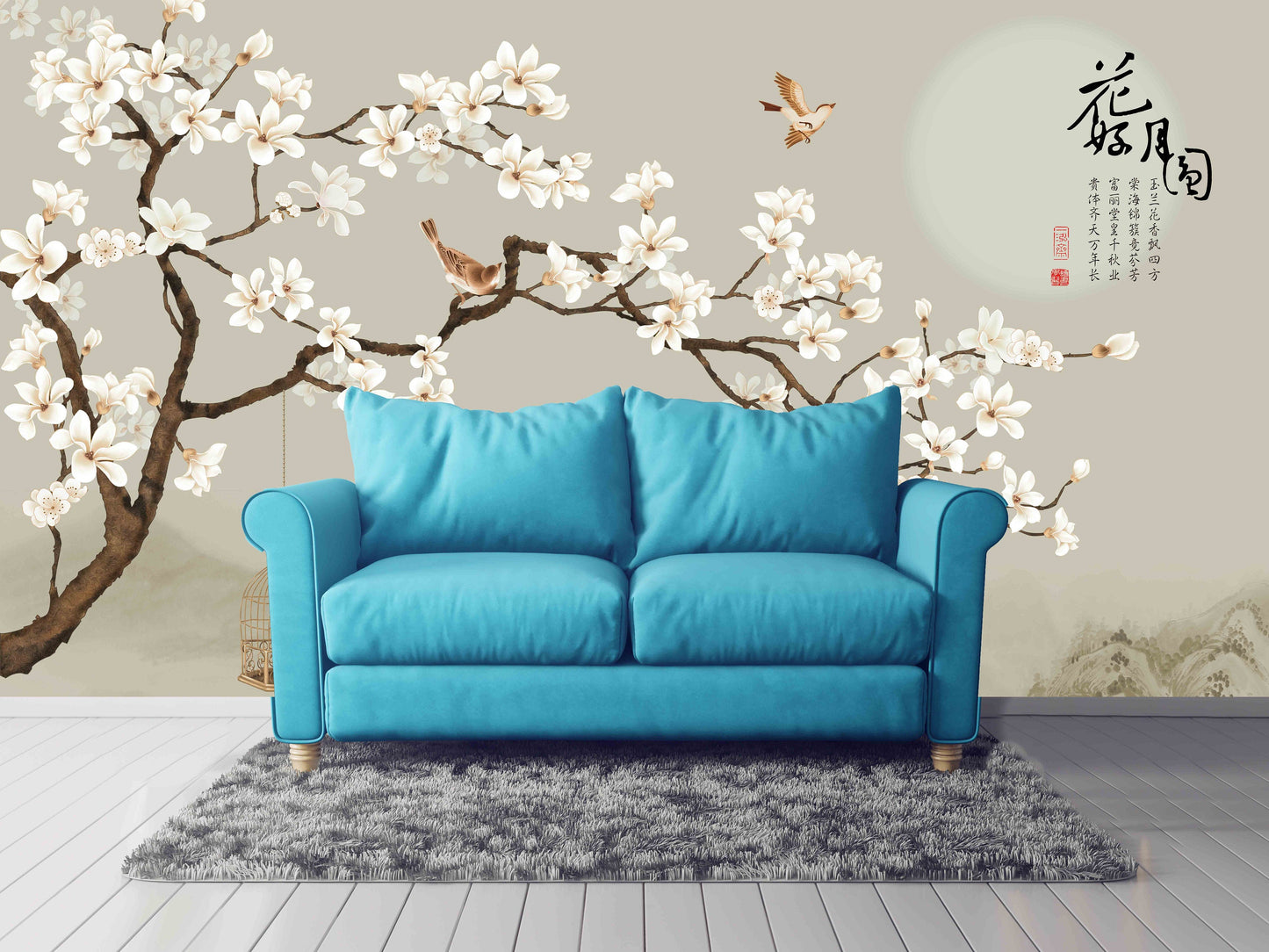 Sakura blossoms Japanese wall art Flowers wallpaper Peel&stick wallpaper Asian wall art Botanical removable wallpaper Chinoiserie wallpaper