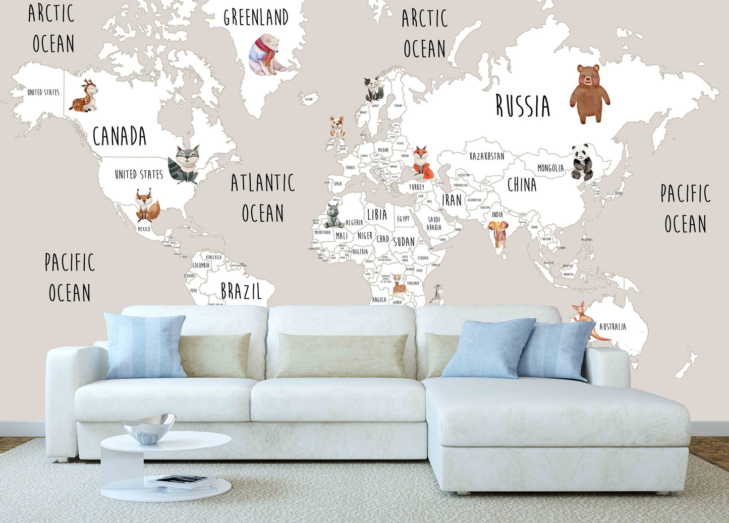 Animal world map World map mural Removable wallpaper Textured wallpaper nursery wallpaper vinyl wallpaper modern wallpaper wall print art