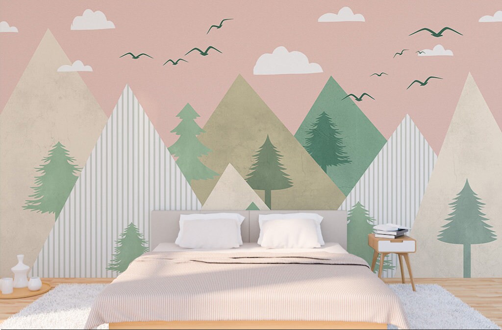 Nursery girl wallpaper Blush wallpaper Removable wallpaper Nature tapestry nursery wallpaper mountains wall art Wall mural photography