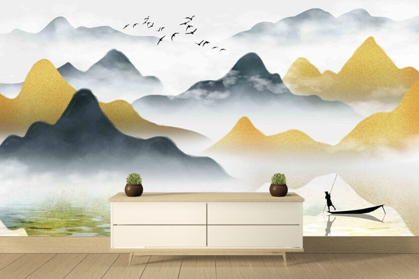 Japanese wall art Self adhesive mural Abstract wallpaper Minimalist wall decor Peel and stick wallpaper removable wallpaper Bedroom decor