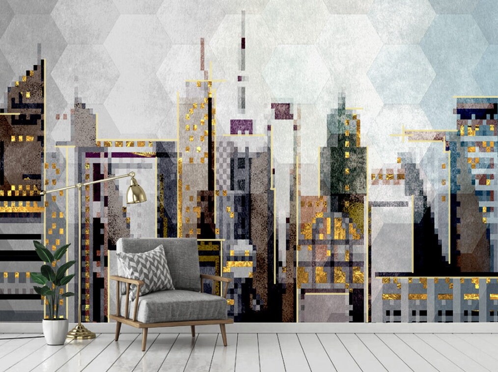 City architecture art print Peel and stick wall mural Geometric wallpaper home decor Vinyl wall sticker temporary wall covering