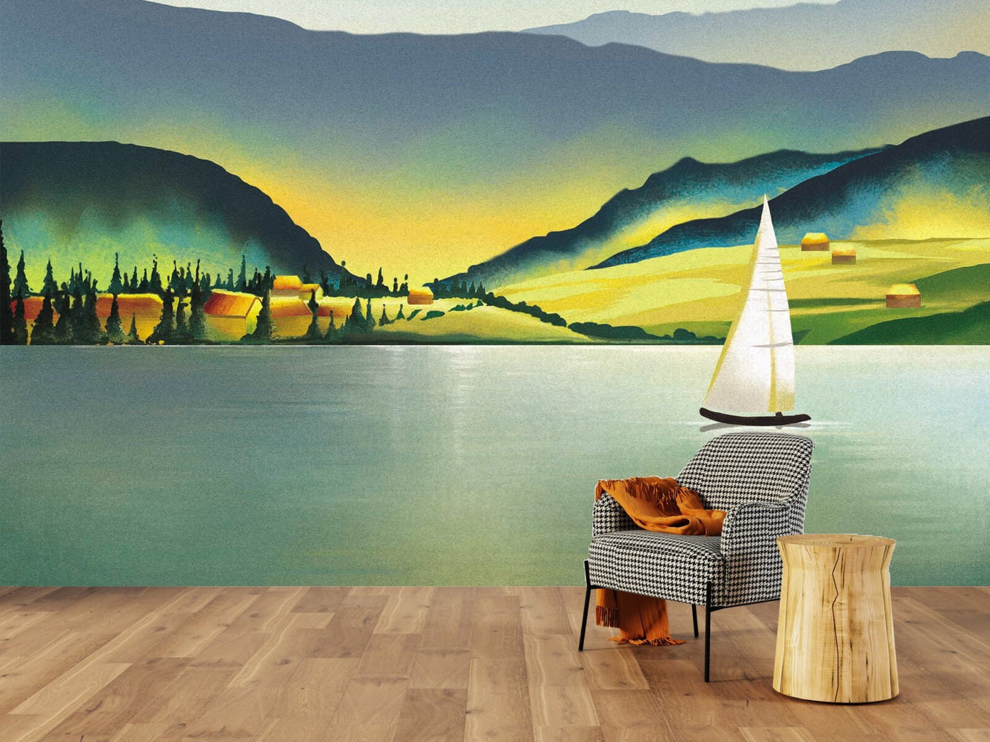 Mountain lake painting original art Sunset shimmer Emerald green wall decor Peel&stick wallpaper Mountain wall decal Home wall decor