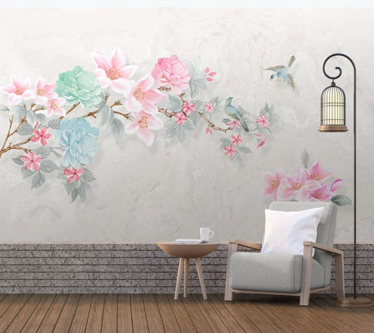 Peel and stick Home wall decor Sakura blossoms Botanical removable Japanese wall art Wallpaper with birds and flowers