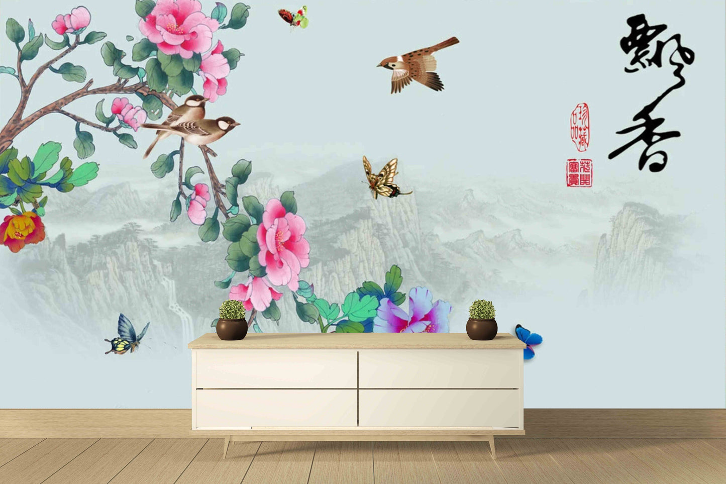 Chinoiserie wallpaper Sakura blossoms Japanese wall art Flowers wall mural prints Peel&stick wallpaper Asian wall art Botanical removable