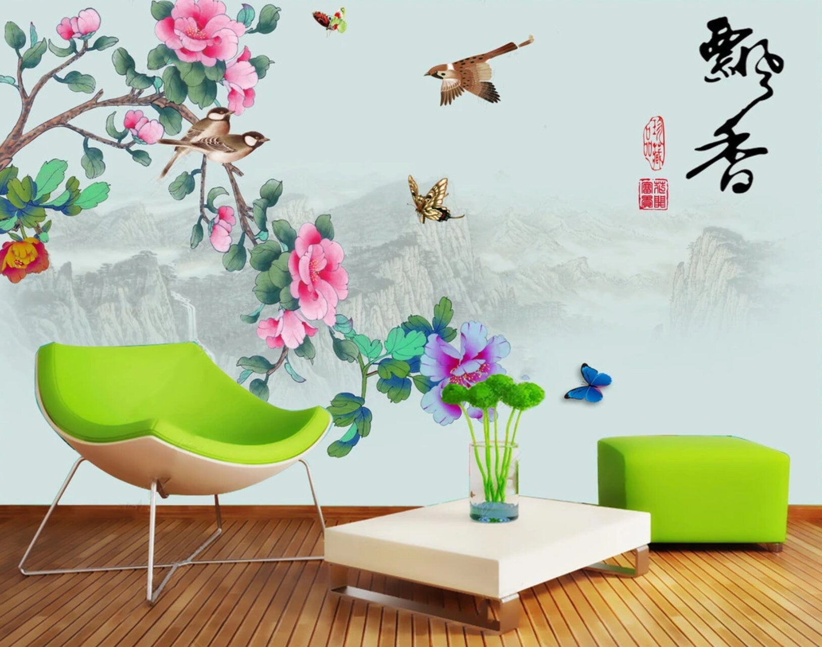 Chinoiserie wallpaper Sakura blossoms Japanese wall art Flowers wall mural prints Peel&stick wallpaper Asian wall art Botanical removable