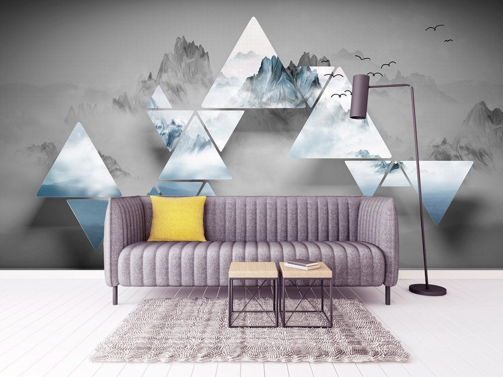 Geometric abstract dark gray wallpaper Peel and stick, temporary, removable, Self adhesive 3d wall mural Mountain wall sticker