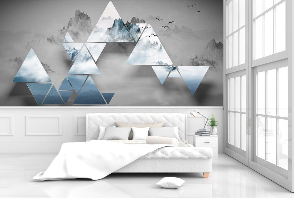 Geometric abstract dark gray wallpaper Peel and stick, temporary, removable, Self adhesive 3d wall mural Mountain wall sticker