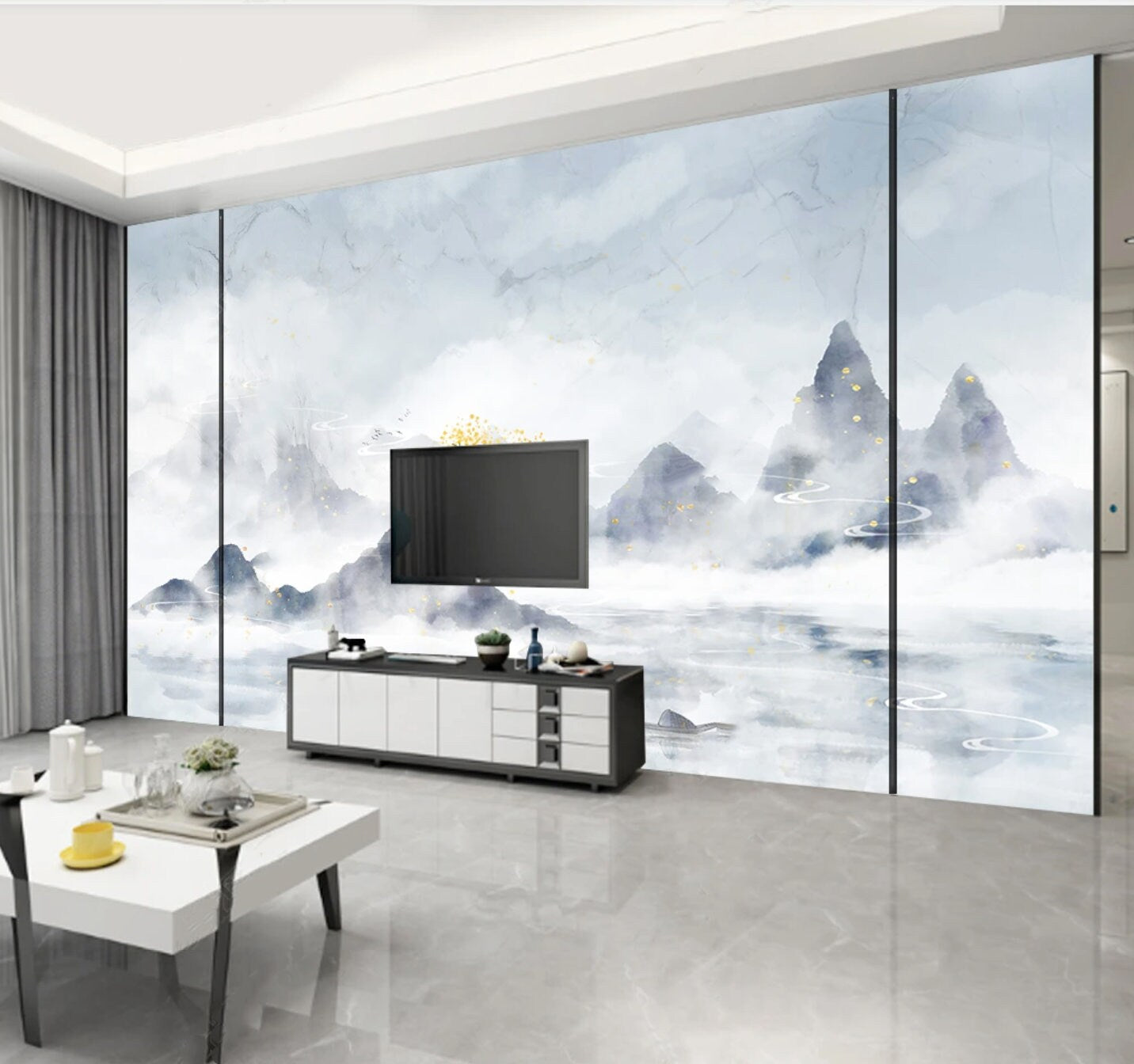 Smoky mountains wallpaper, abstract marble wallpaper peel and stick wall mural, gray mountain wall decal