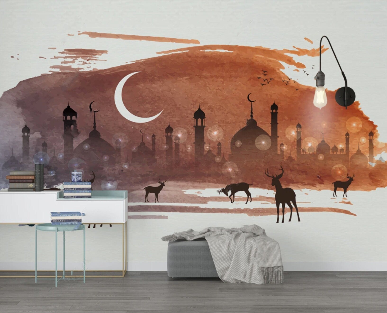 Moon wall mural, brown large art wallpaper peel and stick wall mural prints, modern wall decor, vinyl wallpaper, night sky wallpaper