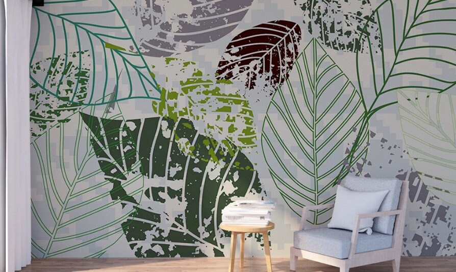 Large leaves mural, leaves wallpaper peel and stick, modern vinyl, canvas wallpaper, wall covering stick on wallpaper