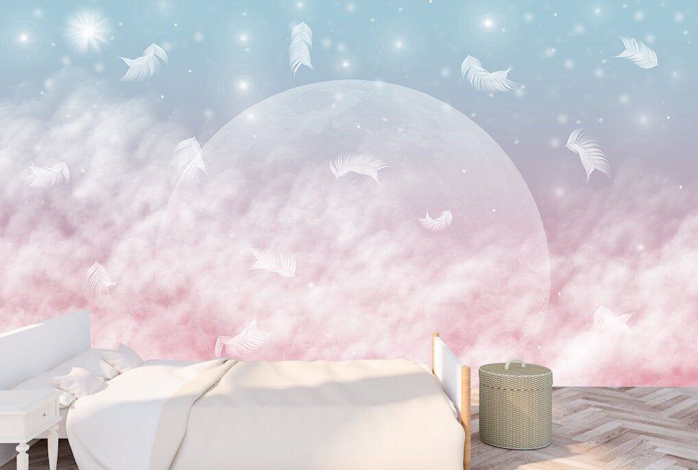 Clouds moon wallpaper for nursery, girls room wallpaper, feather wallpaper peel and stick wall mural, canvas, vinyl wallpaper