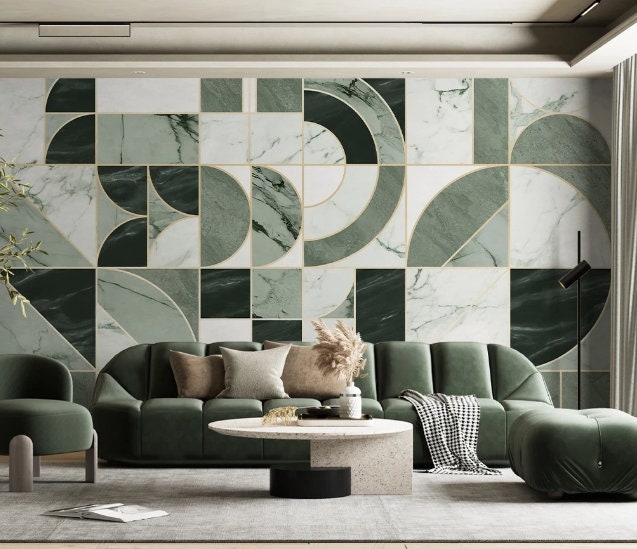 Green marble wallpaper peel and stick wall mural, art deco geometric wall decal prints, abstract wallpaper