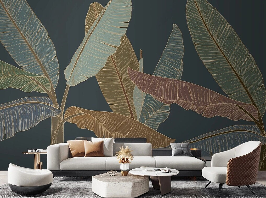 Banana leaves decor wallpaper Tropical wallpaper Leaf Removable wallpaper vinyl wallpaper modern wallpaper banana leaves print