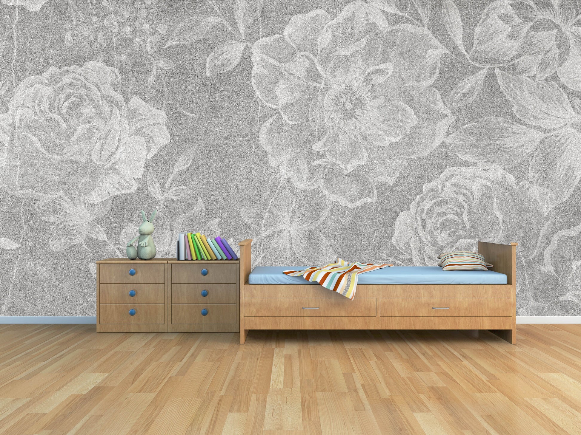 Large flowers grey white wallpaper, peel and stick floral wall mural, accentual self adhesive flowers photo mural, removable roses mural