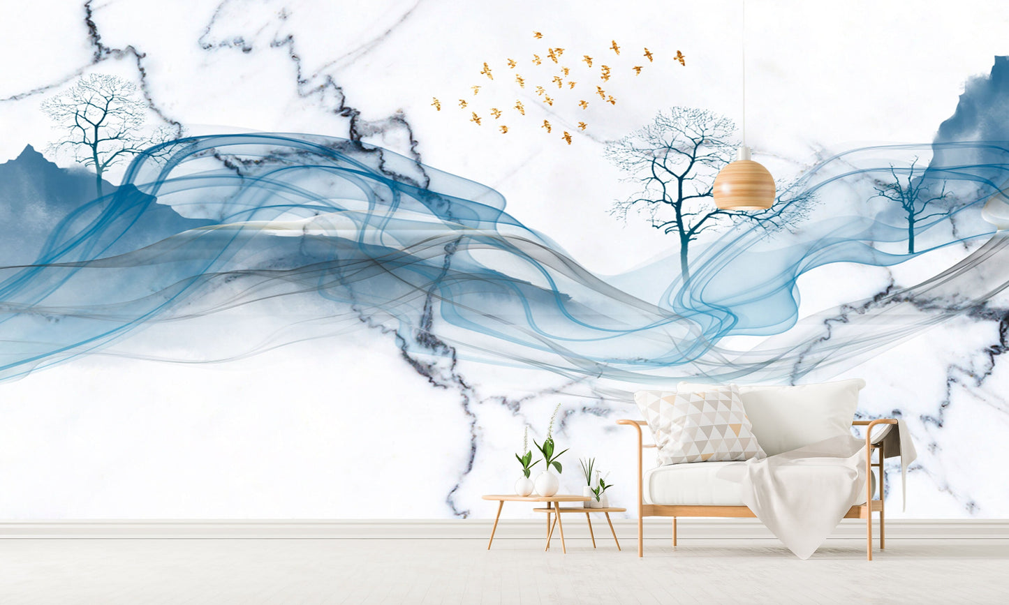 Blue wave self adhesive wallpaper, large abstract peel and stick wall mural, accentuall marble photo wallpaper, removable wallcovering