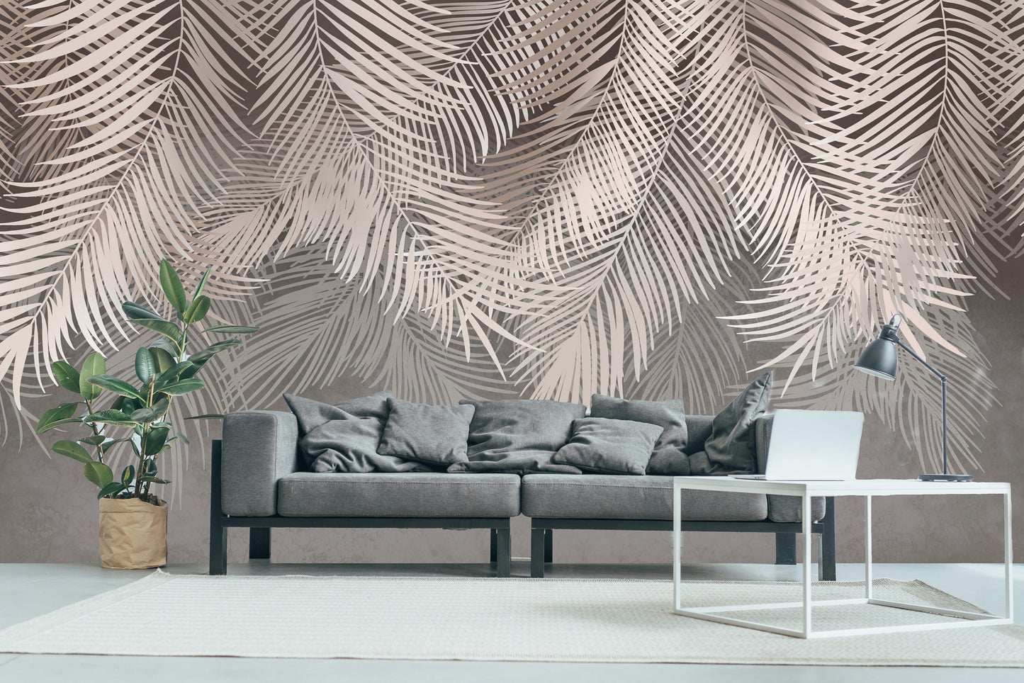 Tropical leaves self adhesive wall mural, large nature peel and stick wallpaper, accentual grey white wallcovering, removable wallpaper