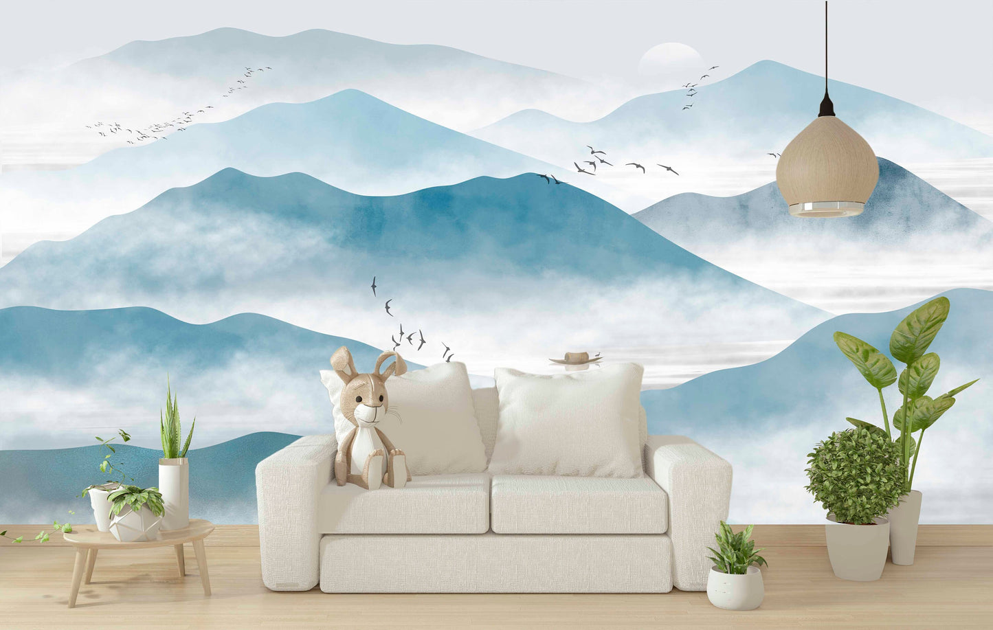 Smoky mountains self adhesive wall mural, peel and stick landscape wallpaper, temporary Japanese photo wallpaper, accentual blue wallpaper