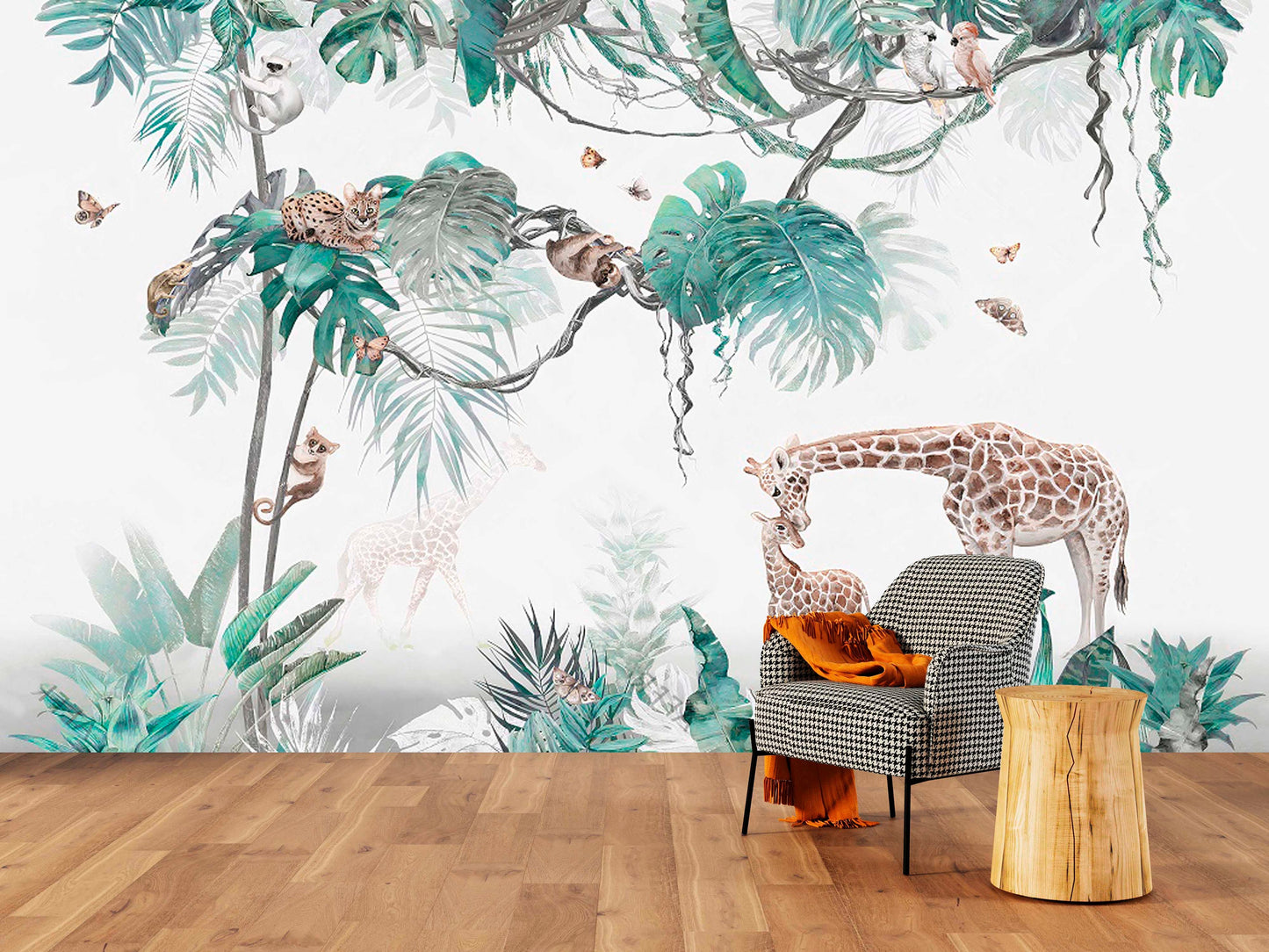 Tropical self adhesive wallpaper, animals peel and stick wall mural, accentual giraffe photo wallpaper, extra large leaves wallcovering