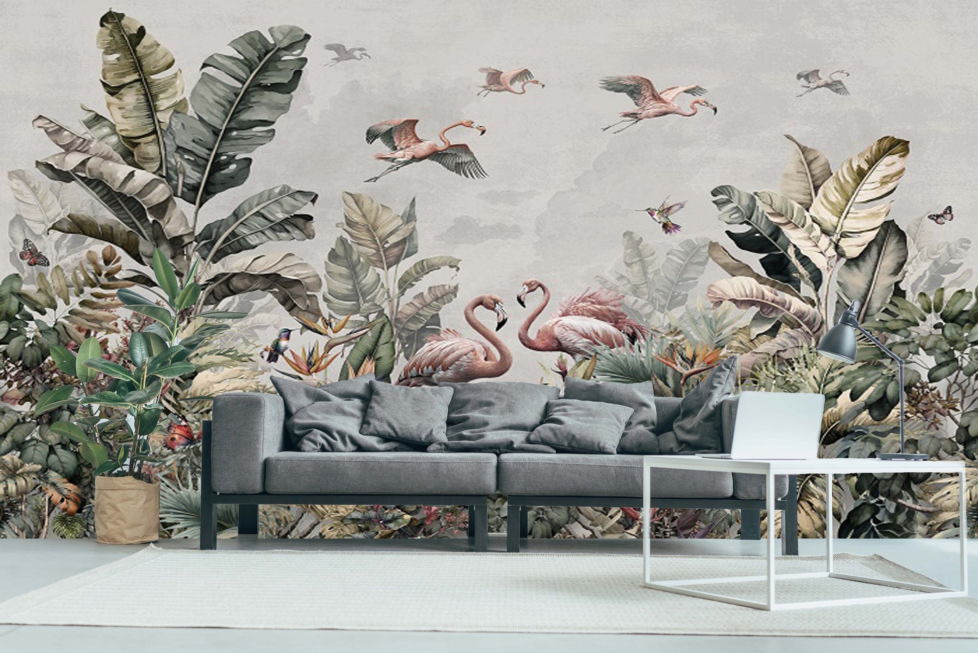 Large tropical self adhesive wall mural, beel and stick botanical wallpaper, accentual flamingo wallcovering, banana leaf canvas wallpaper