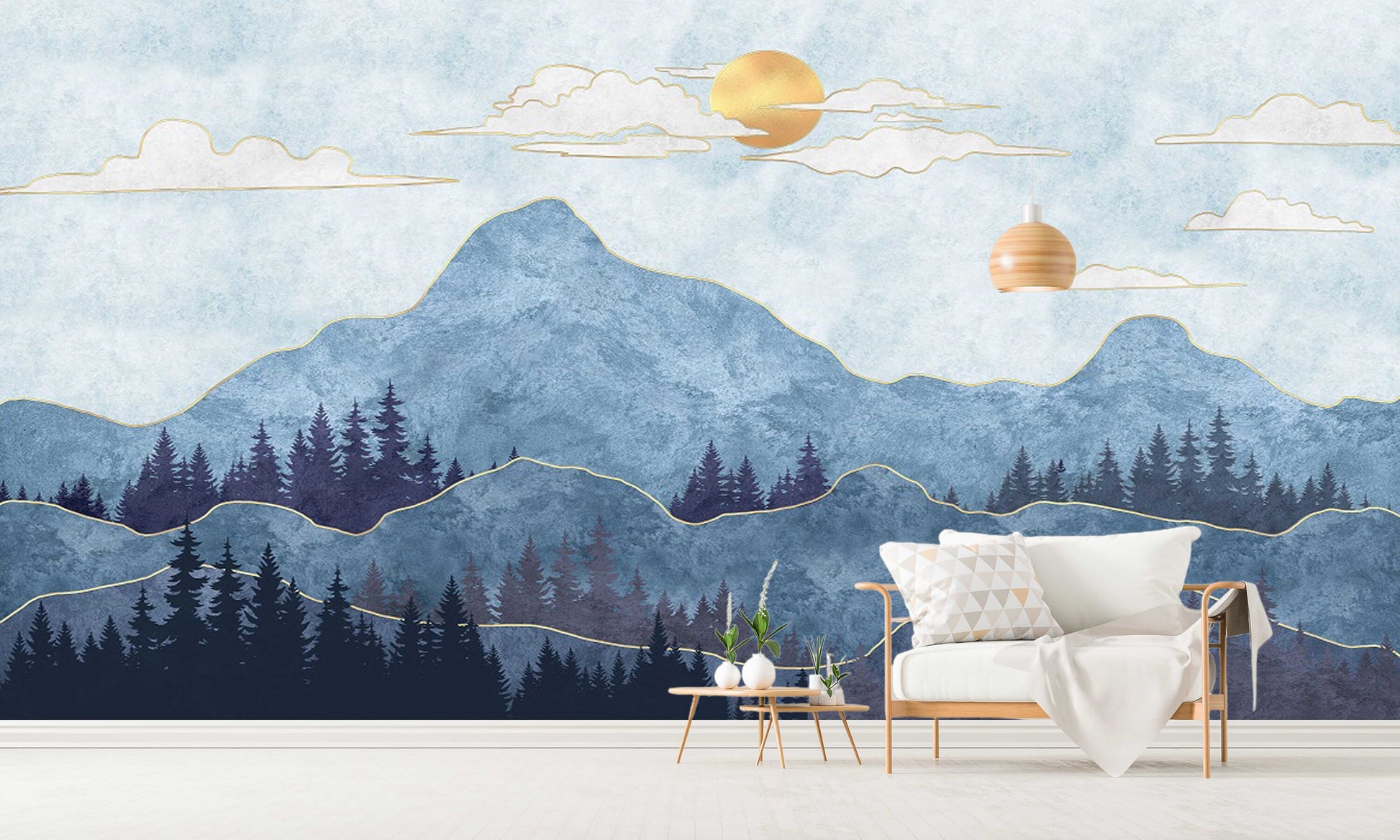 Extra large mountains wallpaper, self adhesive abstract wall mural, blue peel and stick photo wallpaper, accentual landscape wallpaper