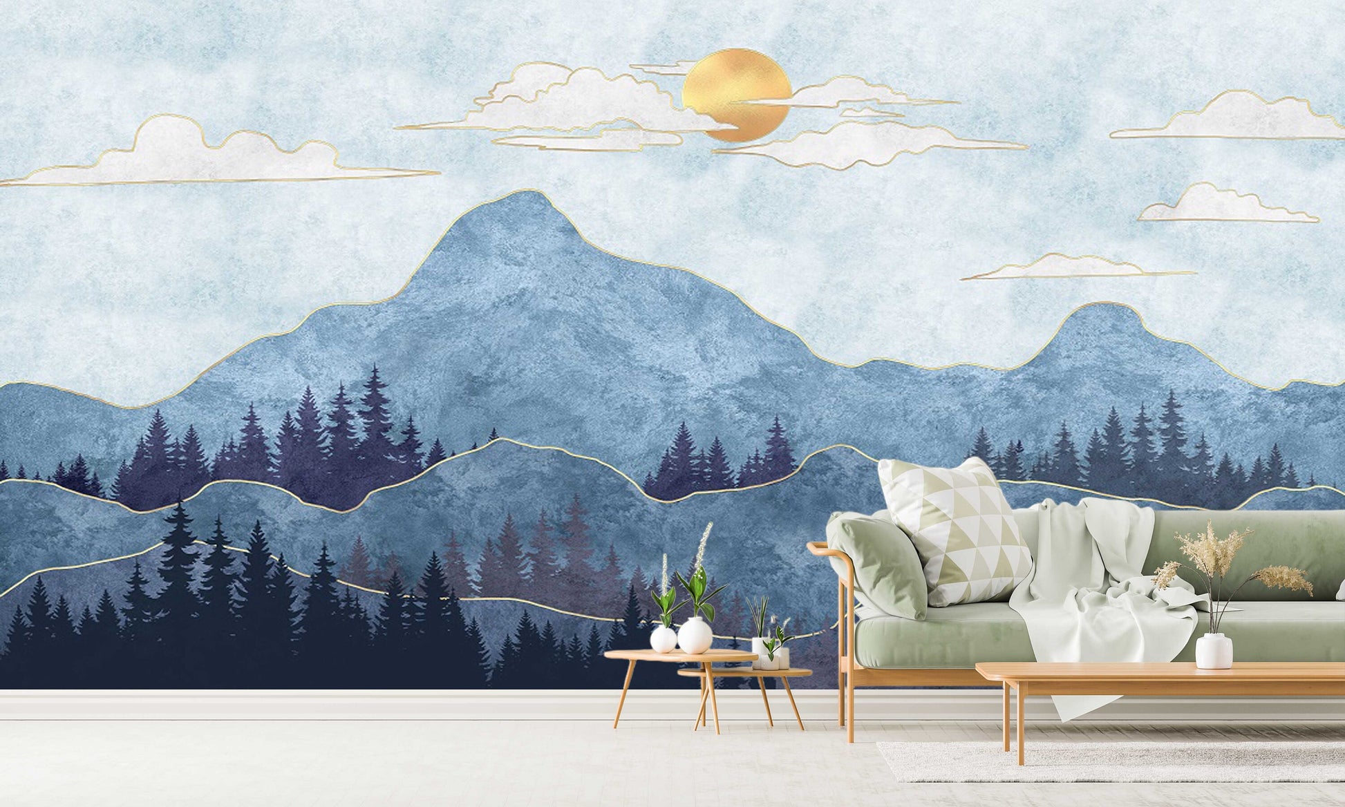 Extra large mountains wallpaper, self adhesive abstract wall mural, blue peel and stick photo wallpaper, accentual landscape wallpaper