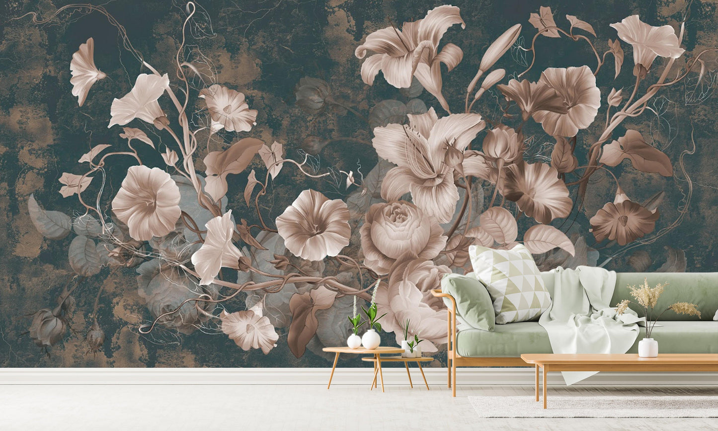 Extra large floral wallpaper, beige flowers self adhesive wall mural, dark floral peel and stick wallcovering, accentual canvas wallpaper