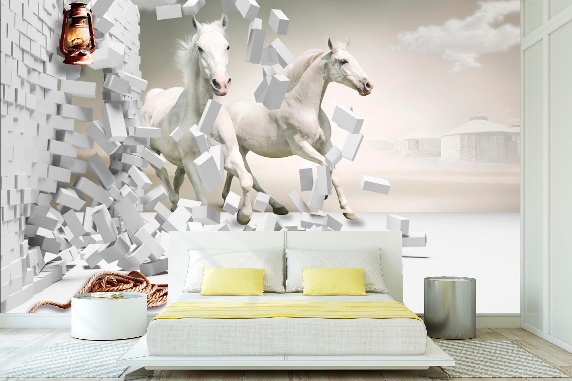 Extra large horses wallpaper, peel and stick animals wall mural, self adhesive 3d wallpaper, temporary white wallpaper, accentual wall decal