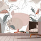 Extra large abstract self adhesive wallpaper, botanical peel and stick wall mural, accentual grey pink wallpaper, removable canvas wallpaper