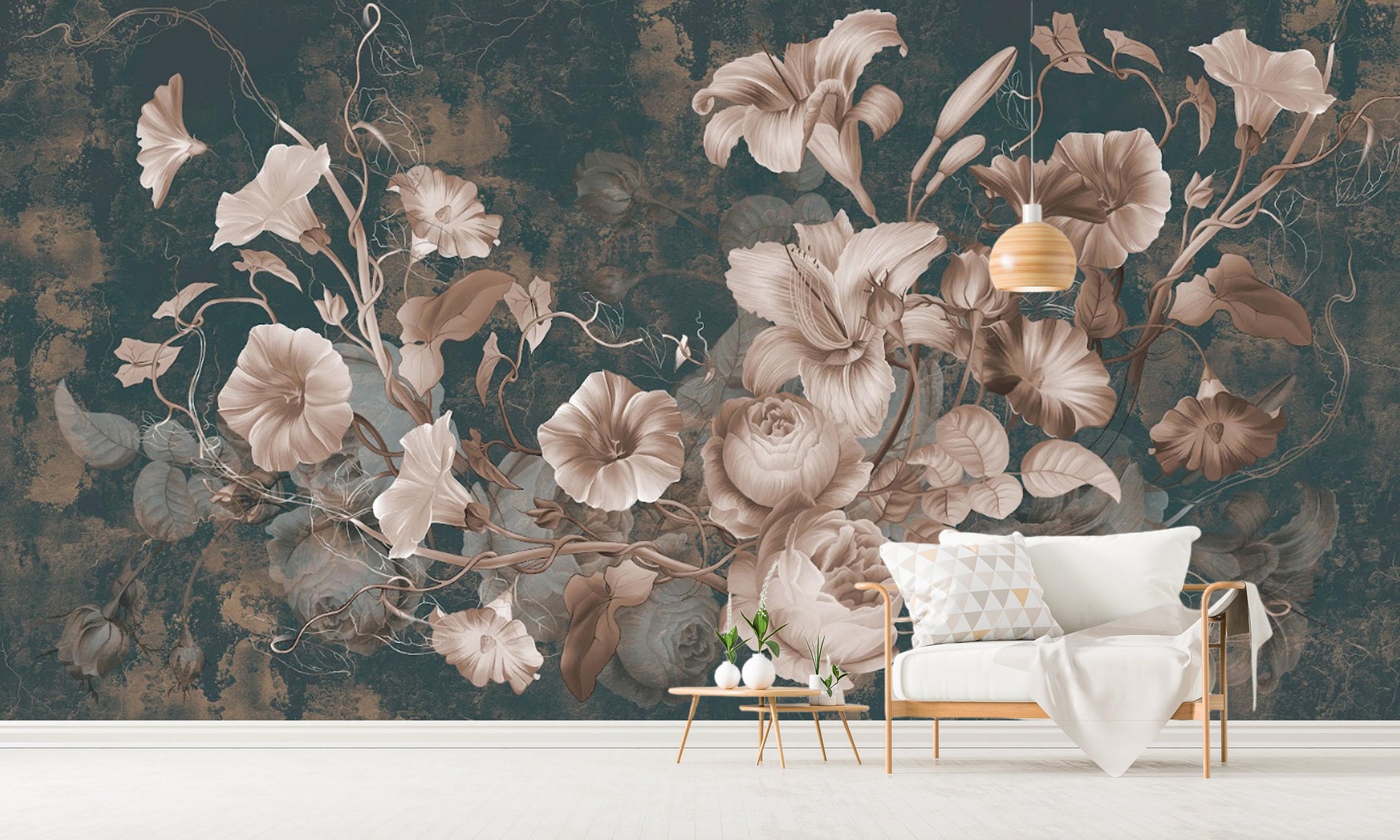 Extra large floral wallpaper, beige flowers self adhesive wall mural, dark floral peel and stick wallcovering, accentual canvas wallpaper