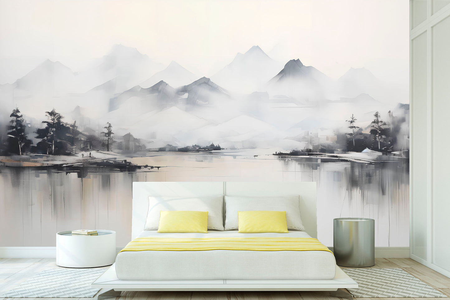 Extra large mountains wallpaper, self adhesive black white wall mural, peel and stick landscape wallpaper, temporary nature wallcovering