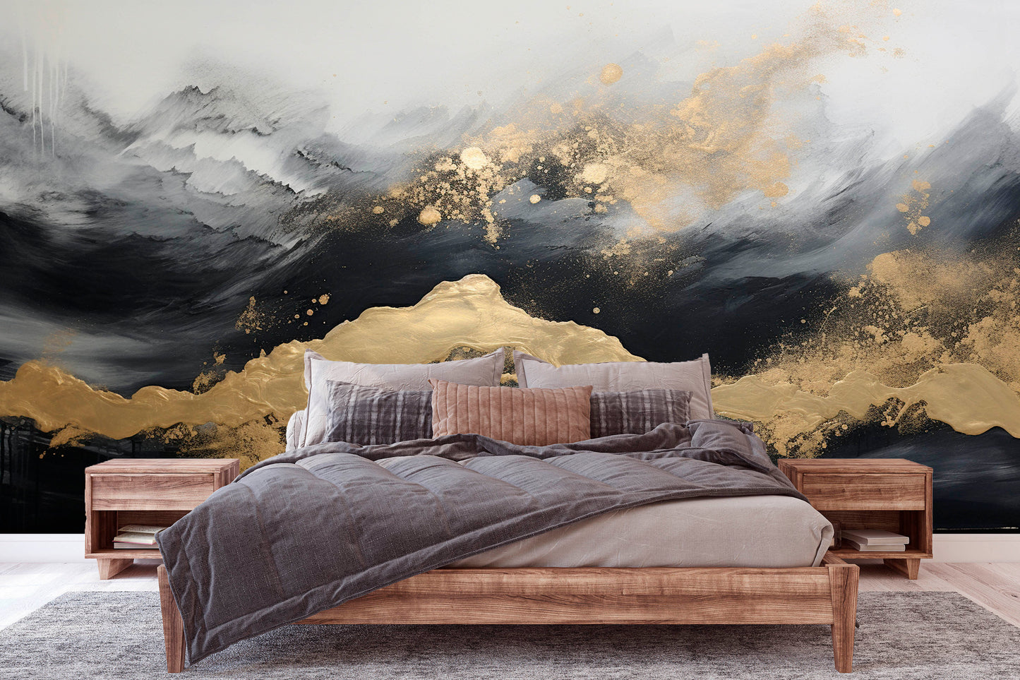 Abstract peel and stick wallpaper, black gold self adhesive wall mural, extra large accentual wallpaper, modern removable bedroom wall mural