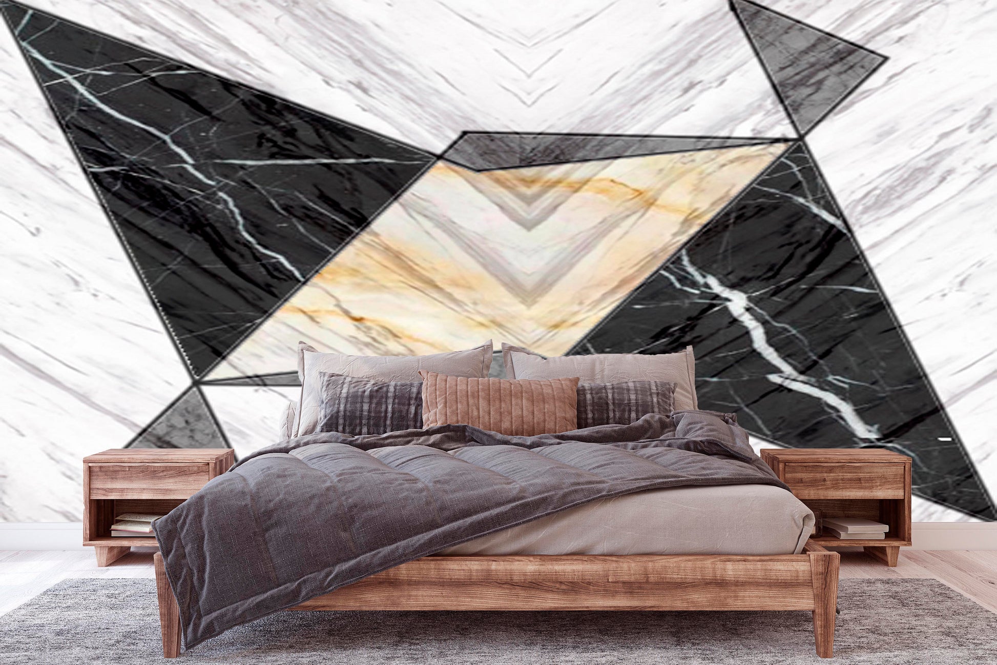 Extra large geometrical wallpaper, abstract peel and stick wall mural, black white self adhesive wallpaper, accentual marble wallcovering